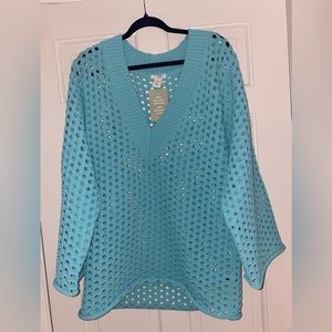 NWT H&M turquoise v-neck hole knit sweater/ tunic/ shirt dress. Size Small.